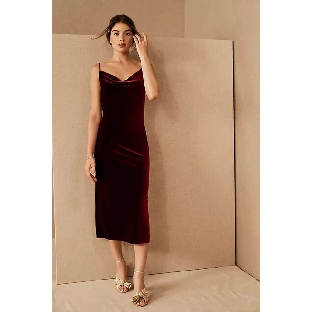 SOLD BHLDN Jenny Yoo Bentley Dress Size 10 Red Cowl Neck Velvet Knee Length